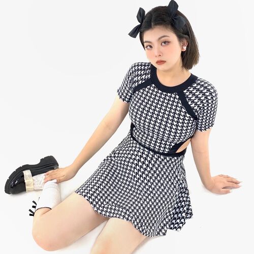 性感复古大码泳衣女千鸟格显瘦