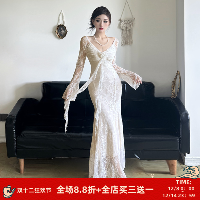 纯欲蕾丝飘带连衣裙辣妹显瘦长裙