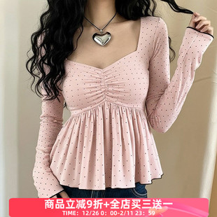 T恤 甜美褶皱波点低胸v领长袖 小众百搭显瘦a摆上衣 法式 FabGirls