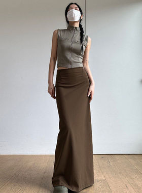 FabGirls 复古简约深棕色后开叉针织半身裙 百搭修身包臀长裙早秋