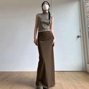 包臀长裙早秋 百搭修身 FabGirls 复古简约深棕色后开叉针织半身裙