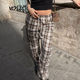 FabGirls 复古百搭显瘦bm长裤 街头美式 格纹拼色系带低腰休闲裤