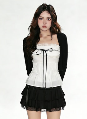 FabGirls 法式少女花边拼接蝴蝶结绑带抹胸背心 百搭甜美显瘦上衣