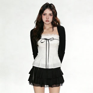 FabGirls 法式少女花边拼接蝴蝶结绑带抹胸背心 百搭甜美显瘦上衣