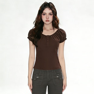 衬衫 复古三粒扣拼接褶皱圆领短袖 小众百搭显瘦上衣 法式 FabGirls