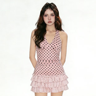 FabGirls 夏日少女波点印花v领挂脖背心 辣妹百搭显瘦外穿短上衣