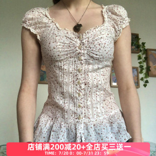 T恤 FabGirls 法式 田園碎花排扣拼接方領(lǐng)短袖 百搭甜美顯瘦短上衣