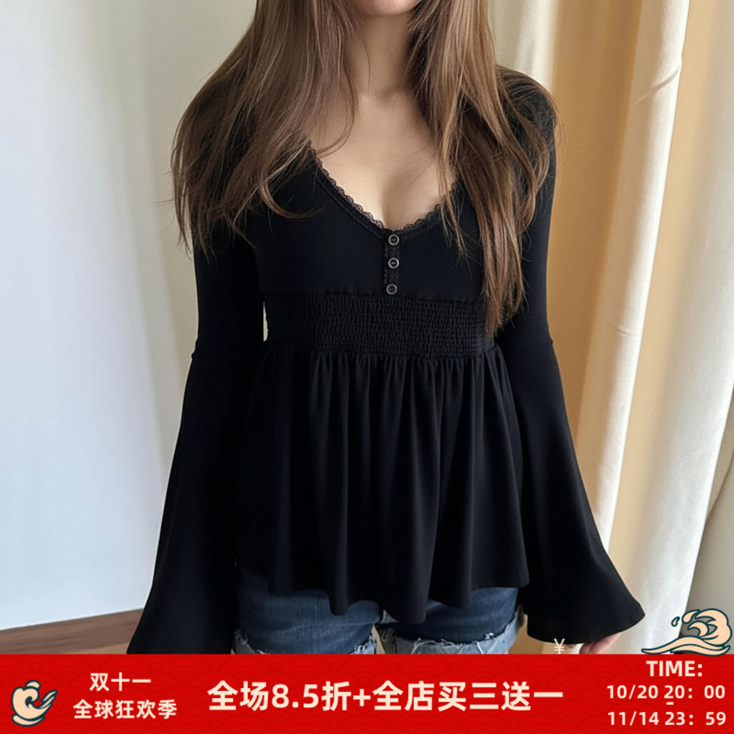 美式性感蕾丝拼接低胸喇叭袖T恤