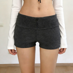 FabGirls 美式通勤三粒扣拼接假口袋低腰短裤 辣妹百搭显瘦休闲裤