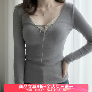 辣妹百搭显瘦bm风上衣 T恤 FabGirls 纯欲少女蕾丝拼接绑带v领长袖