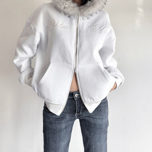 FabGirls 冬日街头字母刺绣毛毛连帽卫衣 复古百搭显瘦休闲外套秋