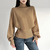 毛衣 FabGirls 秋意慵懒排扣收腰高领蝙蝠袖 复古百搭显瘦毛织上衣