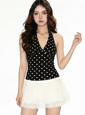 FabGirls miu系少女波点印花挂脖背心 小众百搭显瘦针织短上衣