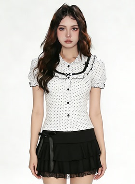 FabGirls 法式少女蝴蝶结拼接波点排扣短袖衬衫 复古百搭显瘦上衣