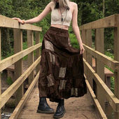 神奇部落古着感腰果花拼接棕色半身裙 FabGirls 复古中长裙秋
