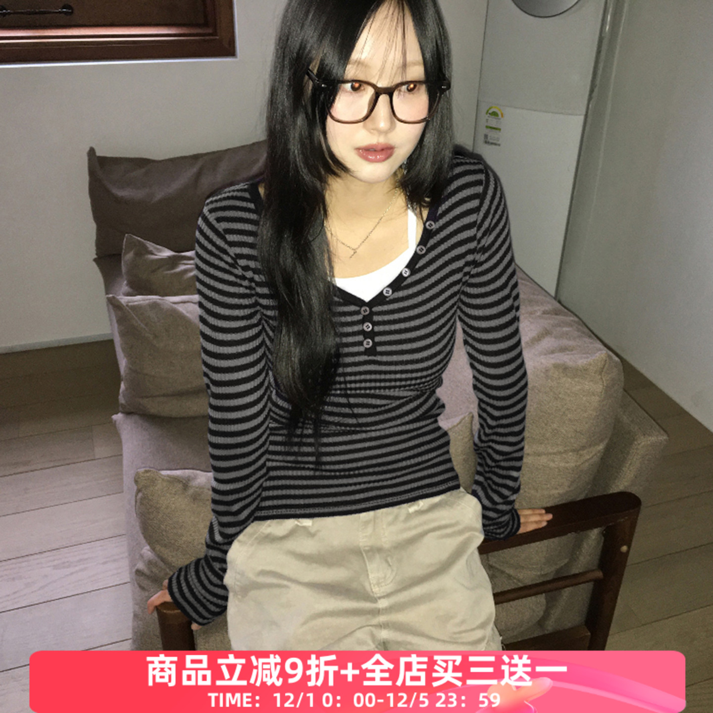 经典条纹一字肩T恤慵懒显瘦上衣