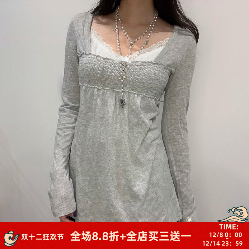 日系少女假两件T恤复古显瘦上衣