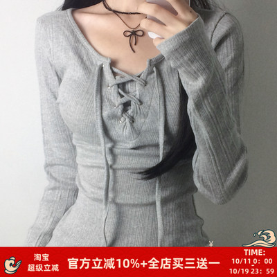设计感个性鸡眼穿绳绑带长袖T恤