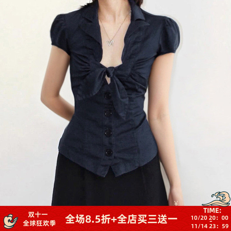 FabGirls 法式宫宴蝴蝶结系带排扣收腰短袖衬衫 复古百搭显瘦上衣