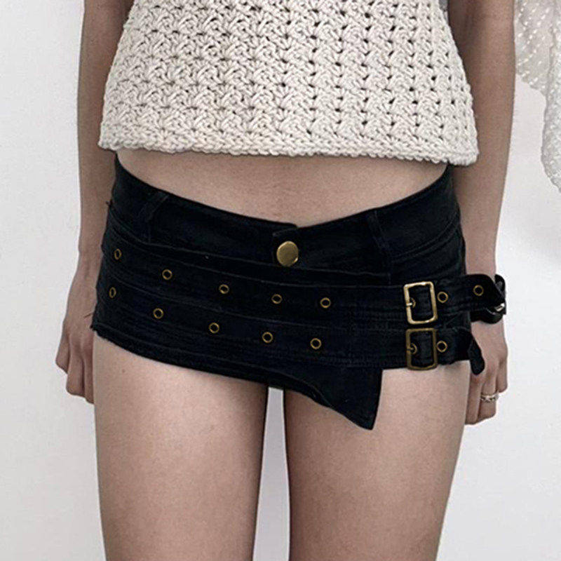 FabGirls 暗黑美式鸡眼日字扣拼接低腰短裤 辣妹百搭显瘦休闲热裤