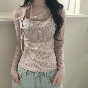 FabGirls 俏皮甜心波点蝴蝶结绑带斜肩长袖T恤 小众百搭显瘦上衣
