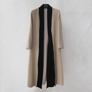 拼接丝绒收腰无扣长款 100%羊毛呢大衣 毛呢外套 捡漏好货 不退换