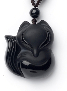 精雕磨砂天然挂坠项链黑曜石狐狸