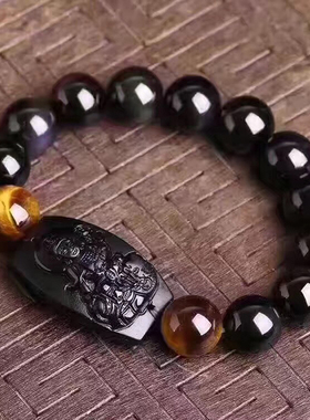 天然黑曜石手链属蛇守护神生肖龙