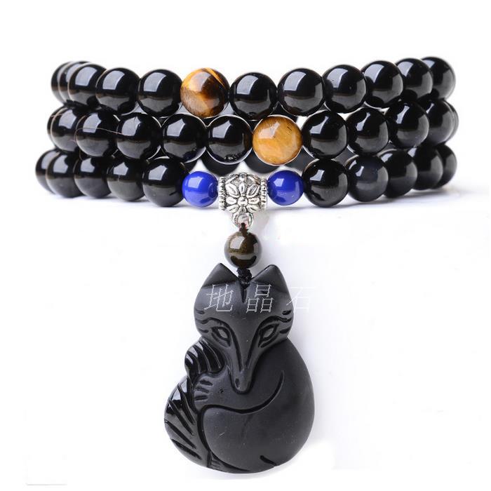 天然黑曜石狐狸手链 108颗黑曜石手链 黑曜石108粒手链 狐狸手串