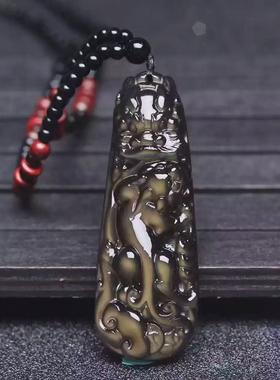 天然冰种彩虹眼黑曜石龙头吊坠