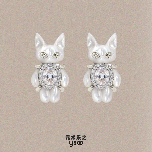 百搭通勤珍珠猫耳钉纯银耳针