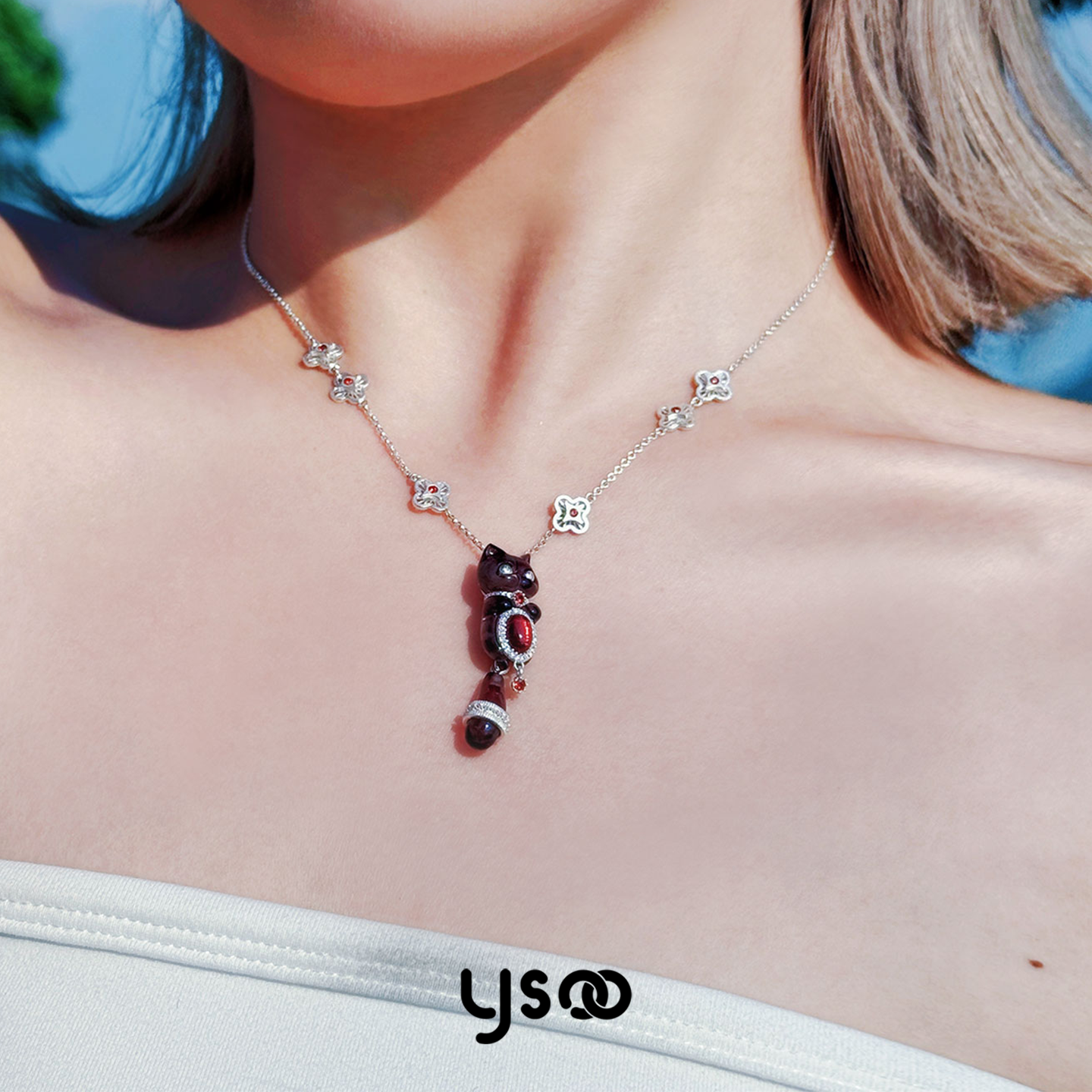 元术乐之赫本风小猫纯银项链轻奢可爱有趣植绒珍珠链锁骨链毛衣链