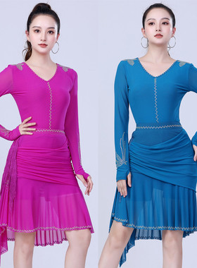 伦巴拉丁舞连档舞蹈衣女长袖套手指摩登舞广场新款舞服三步踩上衣