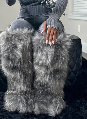 新款高筒靴及膝雪地靴保暖仿狐狸毛靴子仿貉子毛靴Y2Kfur boots