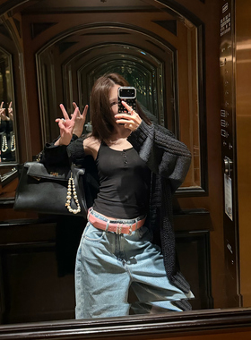 Avocadong 黑色慵懒桑蚕丝莱赛尔宽松针织开衫长袖外套女休闲上衣