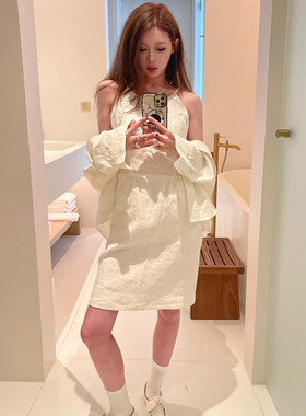 Avocadong chao嗲老钱vtg双色亚麻衬衫连衣裙套装两件套