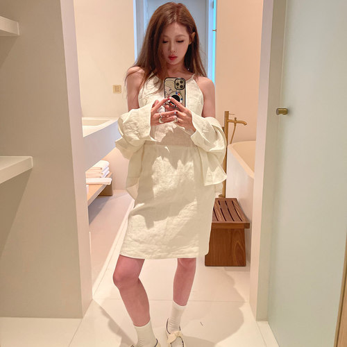 Avocadong chao嗲老钱vtg双色亚麻衬衫连衣裙套装两件套