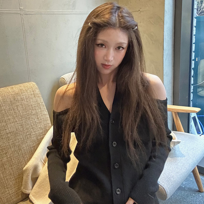 Avocadong 小纯欲性感黑色挂脖露肩针织上衣女修身打底针织衫