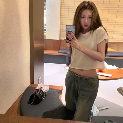 Avocadong 短款卷边+常规白色简约基础款面料党短袖T恤女显瘦上衣