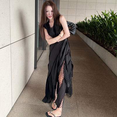 Avocadong 重工多片式铜氨丝拼接波点嗲嗲无袖连衣裙女黑色长裙