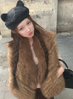 Avocadong 两色狐狸毛双色毛尖chao美皮草马甲女无袖保暖外套上衣