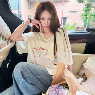 Avocadong裸感柔软长绒棉宽松印花纯色做旧设计感短袖T恤女夏上衣