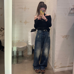 Avocadong 版型juejue蓝色烟花宽松偏直筒牛仔裤高腰直筒裤