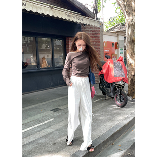 系带宽松针织阔腿裤 薄款 Avocadong 女高腰白色休闲裤 5折特价