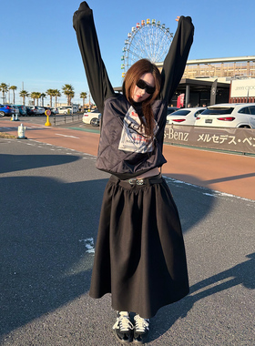 【Avocadong1/8AM10:00】黑色羊毛厚款中低腰嗲酷 伞裙半身裙