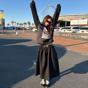 Avocadong 黑色羊毛厚款中低腰嗲酷伞裙半身裙女冬季高级感长裙子