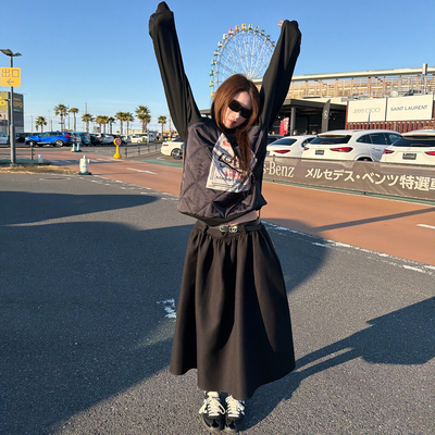 Avocadong 黑色羊毛厚款中低腰嗲酷伞裙半身裙女冬季高级感长裙子