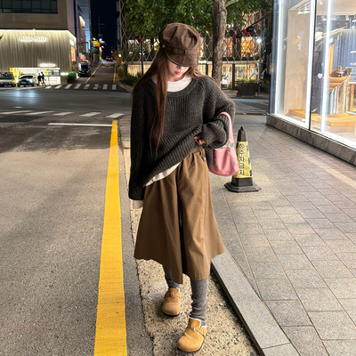 Avocadong 嗲酷橄榄色不规则长裤七分休闲裤中裤女秋冬宽松阔腿裤