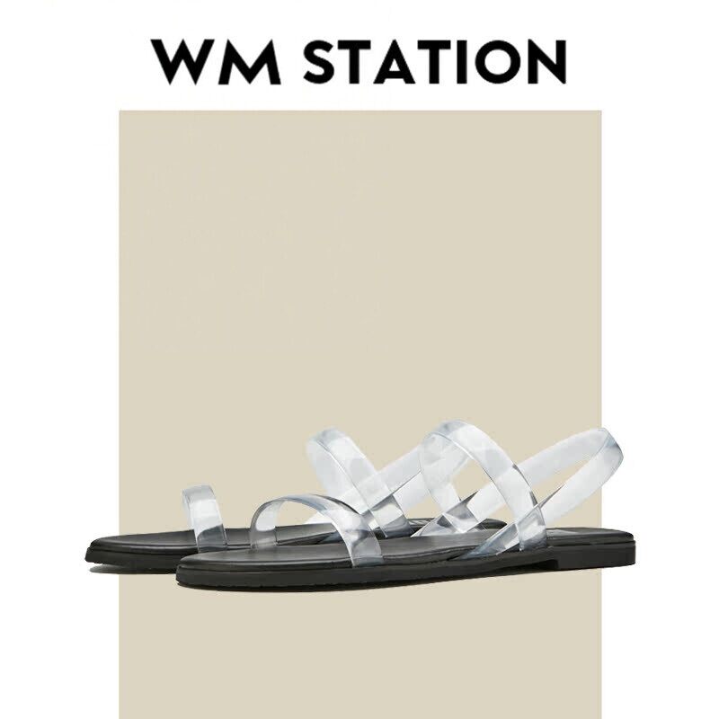 【WM】透明凉鞋女平底夏季外穿休闲百搭可水洗低跟一字带罗马鞋