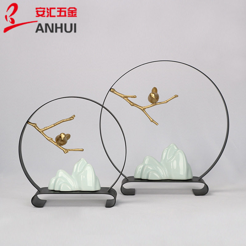 新中式古典禅意假山鸟摆件客厅博古架样板书房间家居软装饰工艺品